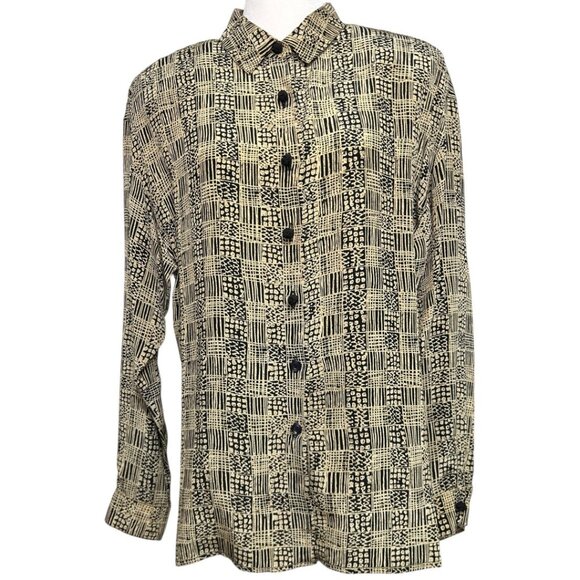 Vintage Maggy London Button-Up Long-Sleeve Abstract Print Silk Blouse Size 14 - Picture 1 of 6